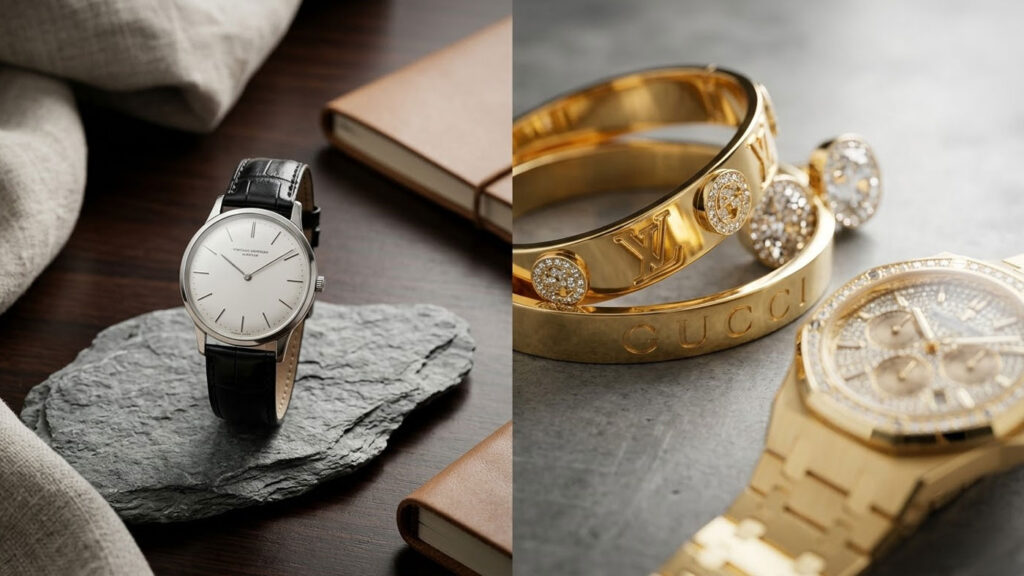 Quiet Luxury zihniyetini yansıtan minimalist saat ve Loud Luxury tarzı gösterişli aksesuar karşılaştırması.