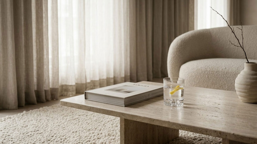 Quiet Luxury zihniyetini yansıtan minimalist mekan tasarımı, doğal dokular ve logosuz yaşam aksesuarları detayı.