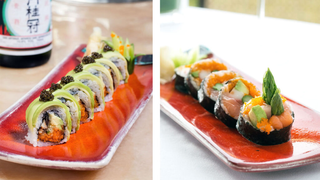 Sunset Grill ve Bar sushi bar seçkisi ve modern Japon mutfağı tabakları.