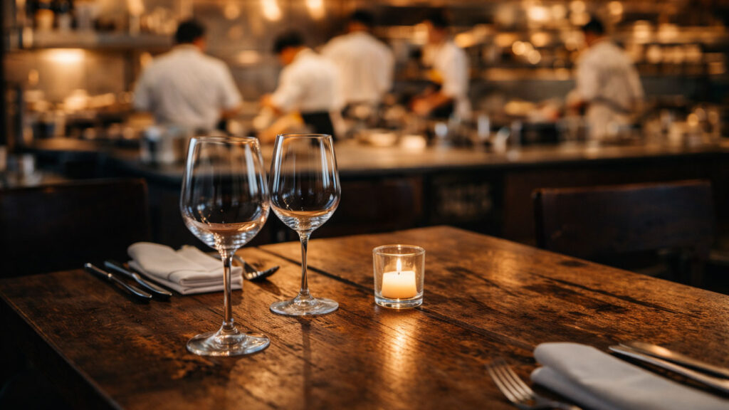 Restoranlarda açık mutfak konsepti, ahşap masa dekorasyonu ve samimi atmosfer.