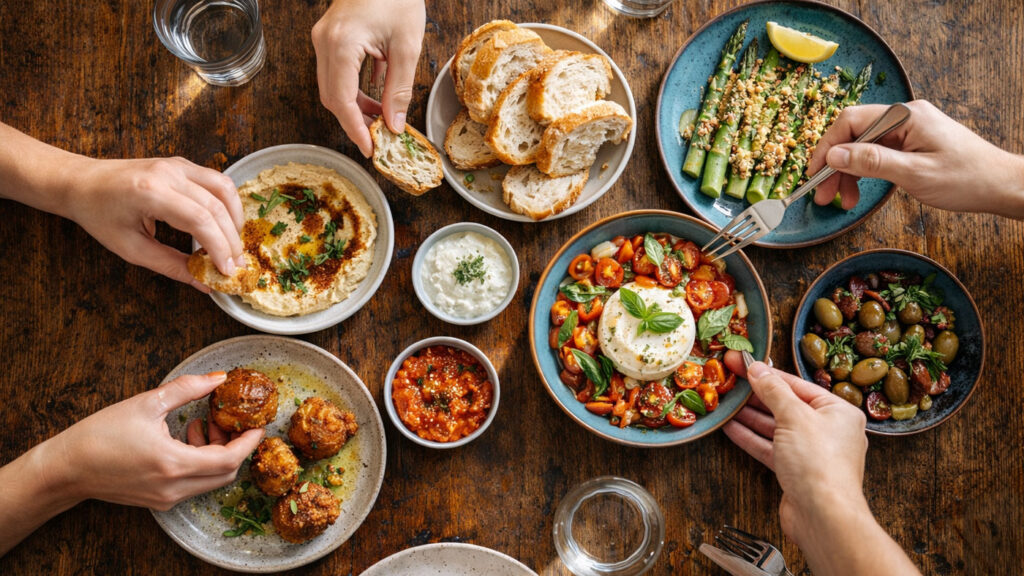 Modern gastronomi menüsü paylaşımlı tabaklar ve estetik restoran sunumu.