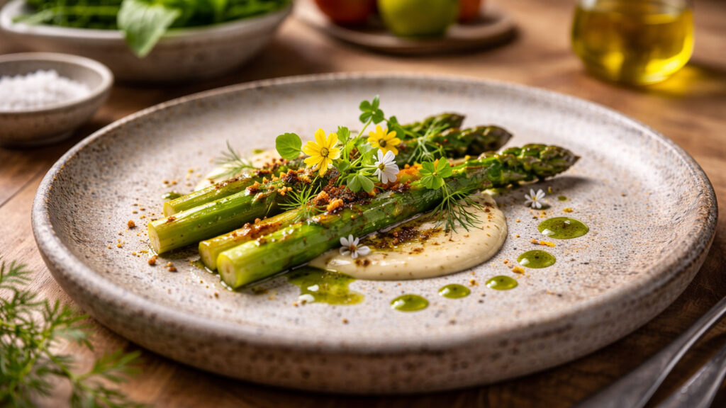 Modern fine dining sunumu, taş tabakta mevsimsel sebze tasarımı, sürdürülebilir gastronomi ve minimal estetik.