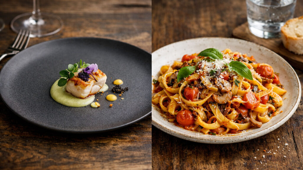 Fine dining ve casual dining tabak sunumu farkı karşılaştırması.