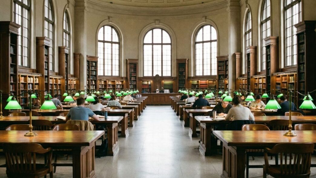 Kütüphane, yeşil masa lambaları, çalışma mekanı