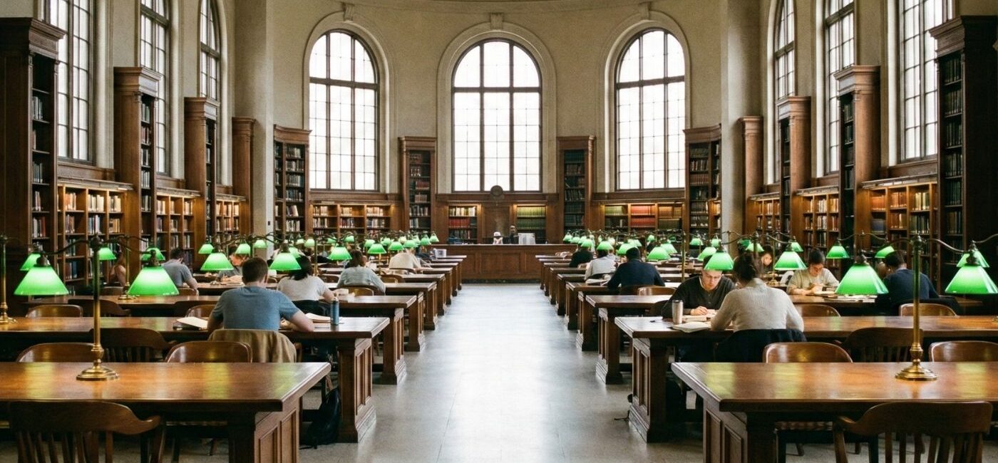 Kütüphane, yeşil masa lambaları, çalışma mekanı