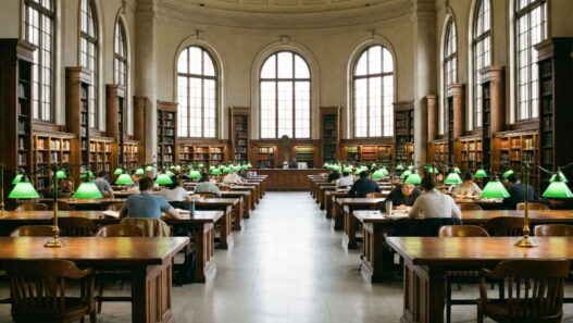 Kütüphane, yeşil masa lambaları, çalışma mekanı
