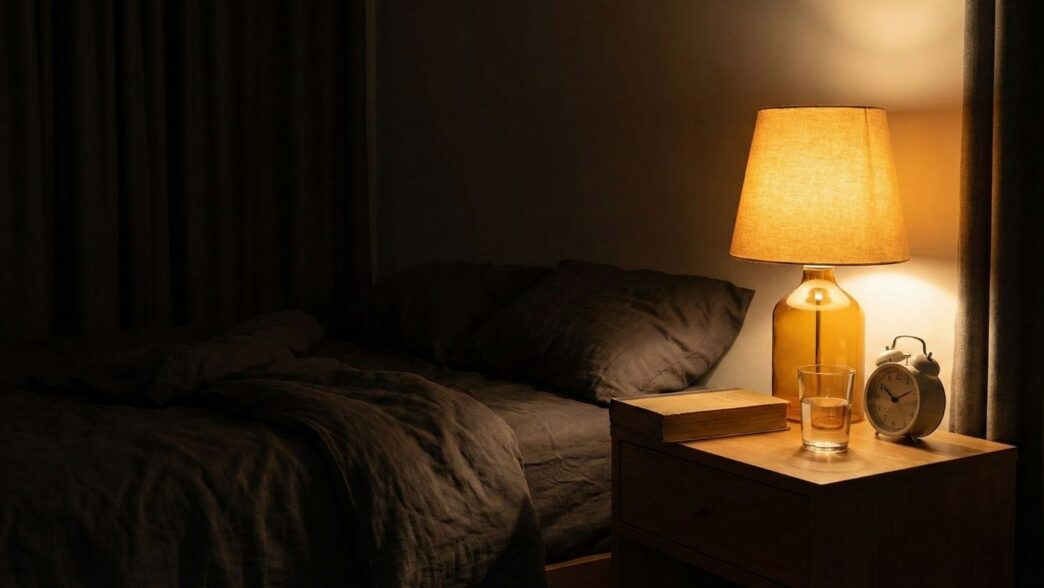 Gece rutini, yatak, sıcak komodin ışığı ve çalar saat