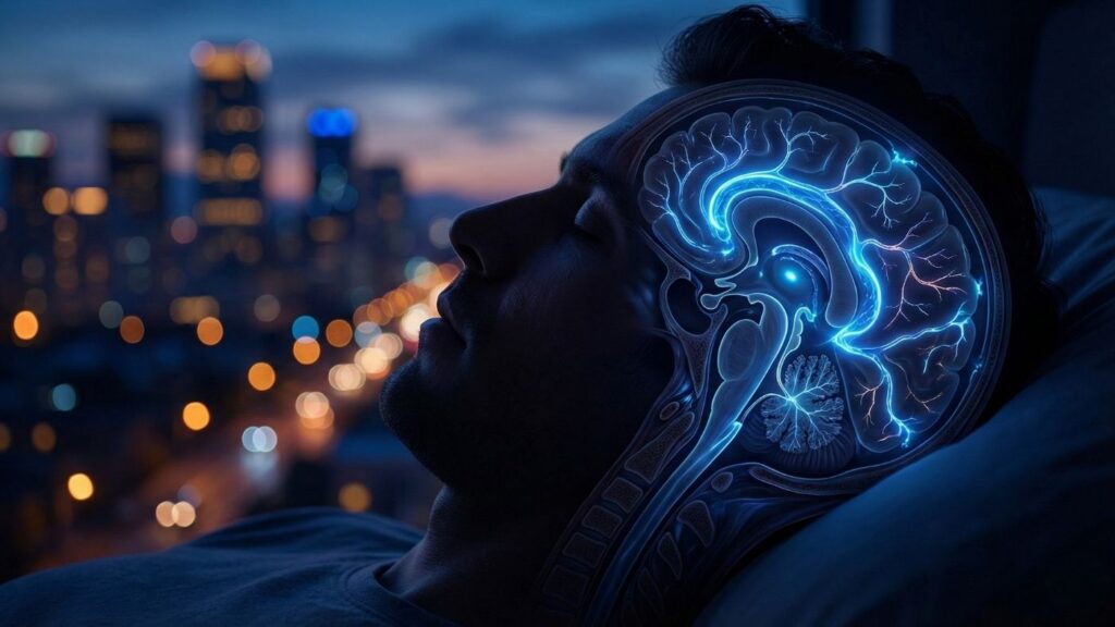 Sleeping man abstract brain side view, cognitive performance