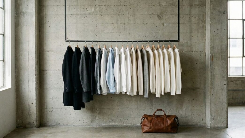 kapsül gardırop, ceket gömlek asılı ve bir el çantası