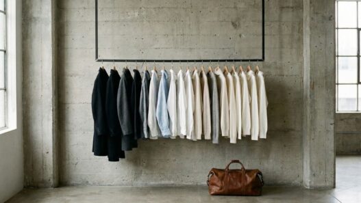 kapsül gardırop, ceket gömlek asılı ve bir el çantası