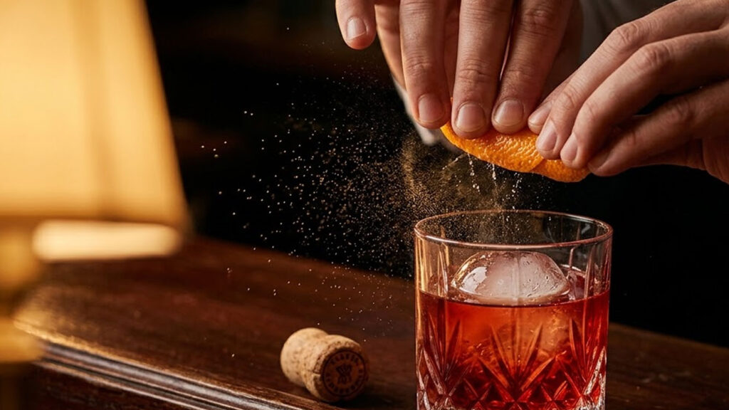 Loş bir bar atmosferinde, Negroni kokteyli ve büyük tek parça buz üzerinde sıkılan portakal kabuğunun yakın plan makro çekimi; yayılan narenciye yağları ve arka plandaki antika kitaplar ile mavi kadife dokusu.