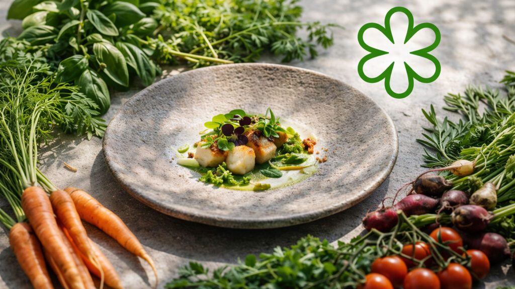Michelin Green Star logosu ve sürdürülebilir mutfak konsepti, taze bahçeden malzemeler.