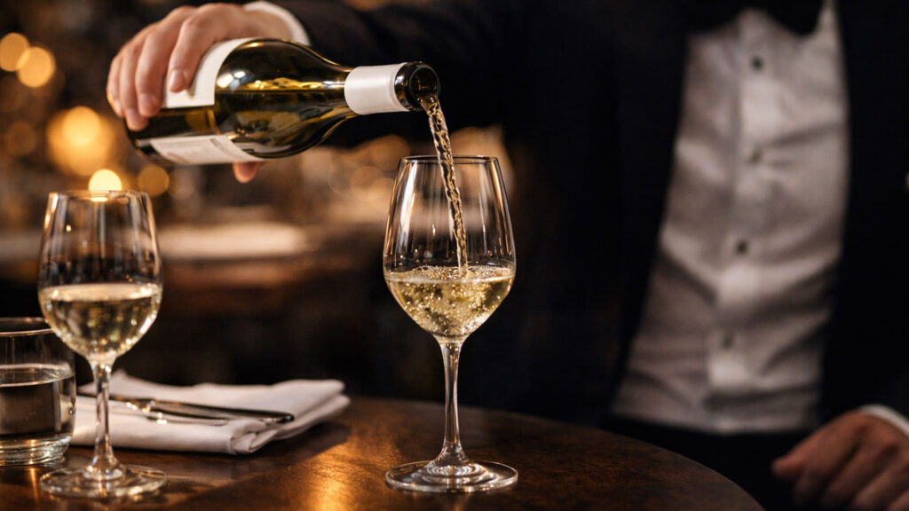 Fine dining servis personeli ve sommelier şarap sunumu, Michelin servis ödülü.