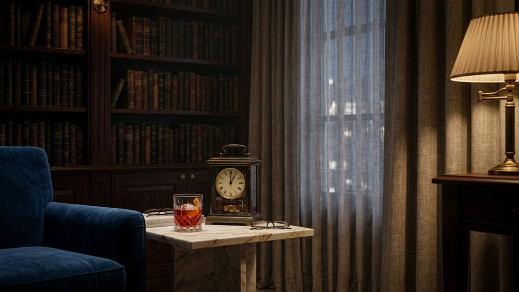 Boulevardier cocktail served in calm evening setting low light whiskey cocktail atmosphere