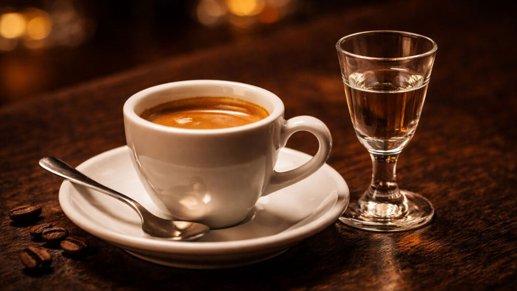 Espresso yanında küçük shot kadehinde grappa ile servis edilen Caffè Corretto örneği