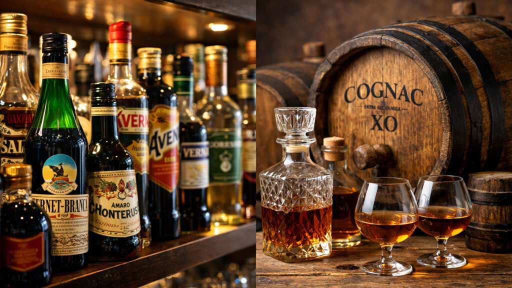 Digestif türleri, amaro şişeleri ve fıçıda yıllanmış konyak detay çekimi