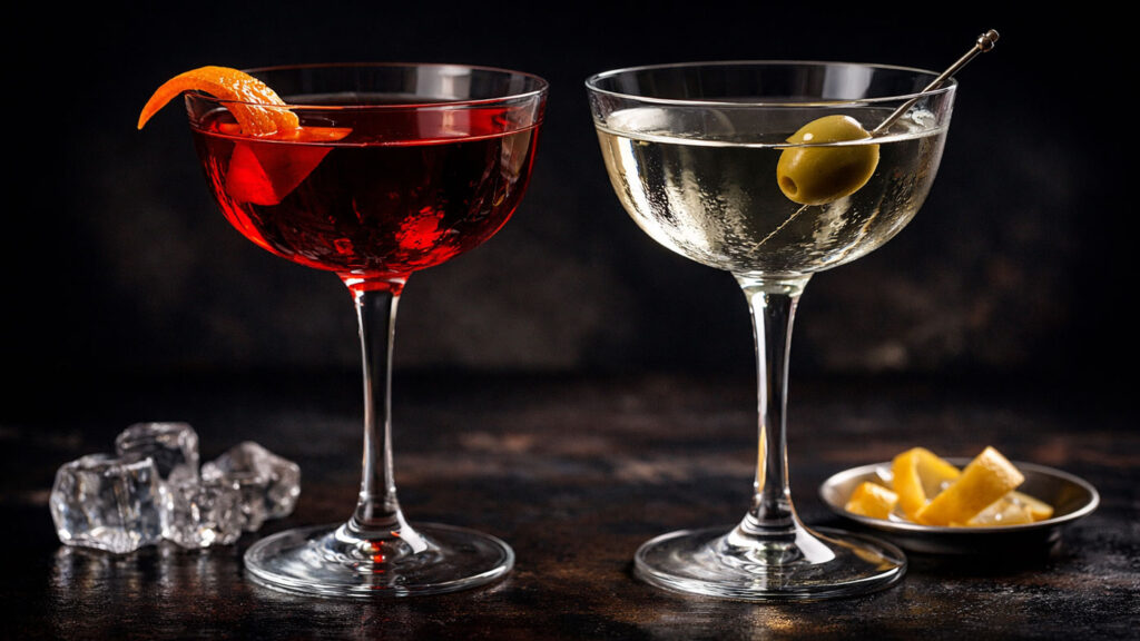 Kırmızı ve beyaz vermut kadehleri yan yana, buz ve garnitür ile servis.