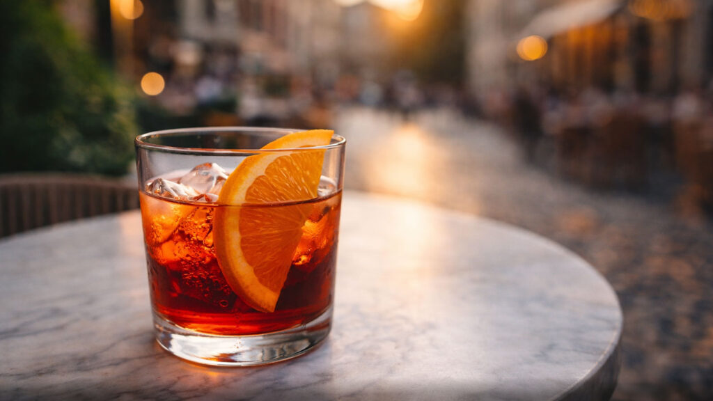 Buzlu ve portakallı vermut servisi, İtalyan aperitivo saati.