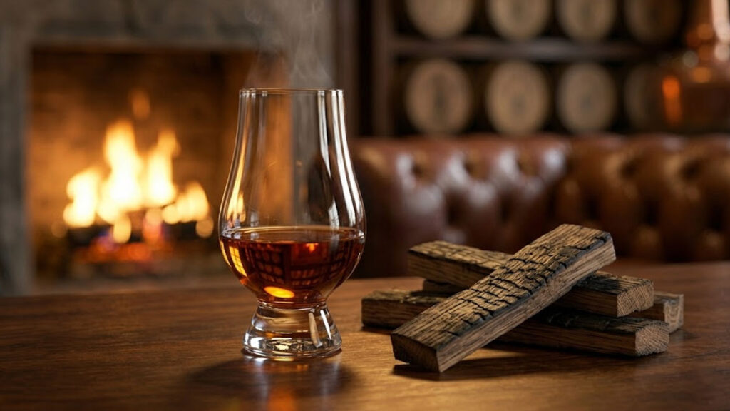 Pieces of Chinquapin oak beside a whiskey glass with amber bourbon reflections.
