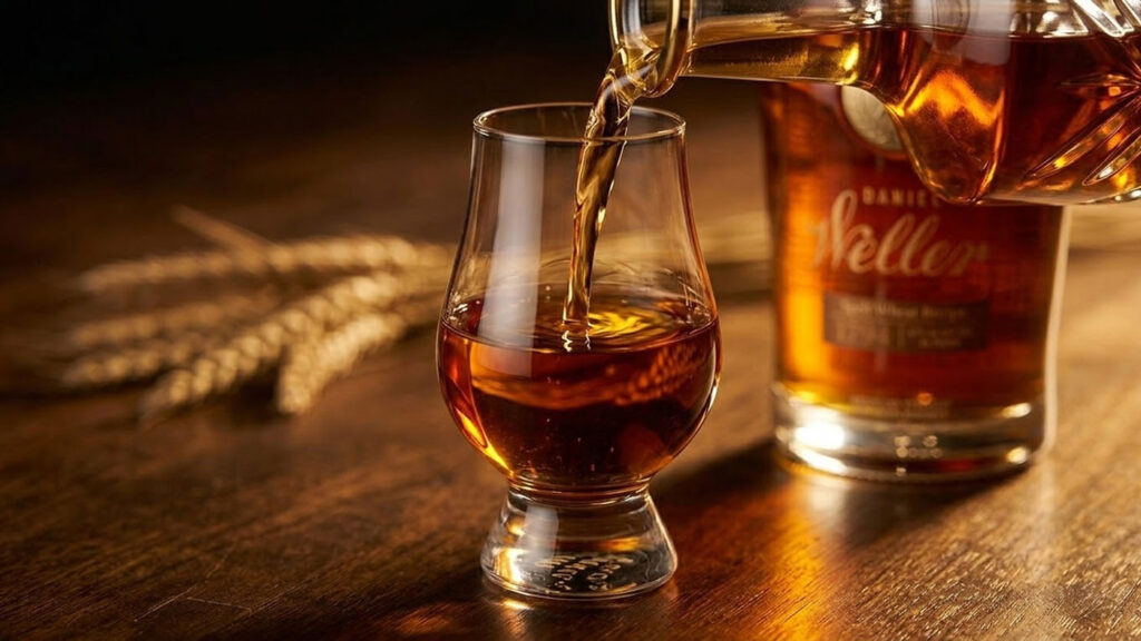 Amber bourbon poured into a crystal glass with soft golden reflections and visible whiskey legs.