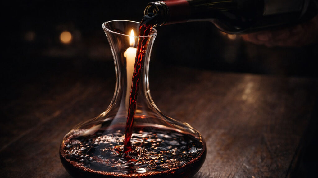 Sommelier decanting red wine in a restaurant.