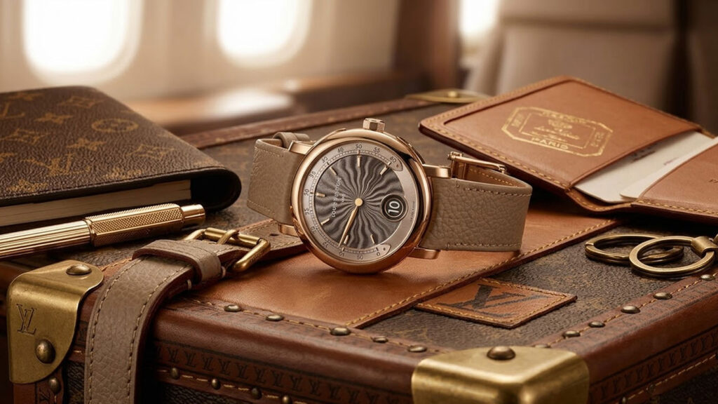 Louis Vuitton Escale Minute Repeater photographed on an iconic Louis Vuitton travel trunk.