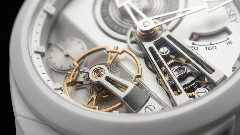 Macro view of the inclined 30 degree balance wheel of the Greubel Forsey Balancier Convexe S2 showing multi level architecture and hand finished bridges.