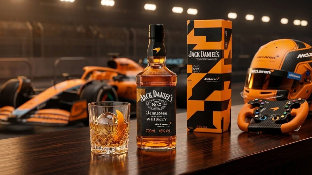 Jack Daniels McLaren collection bottle and lifestyle presentation.