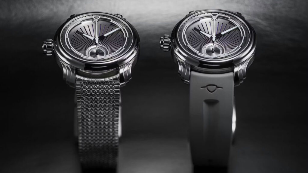 MING 57.04 Phoenix shown with titanium polymesh bracelet and grey FKM rubber strap.