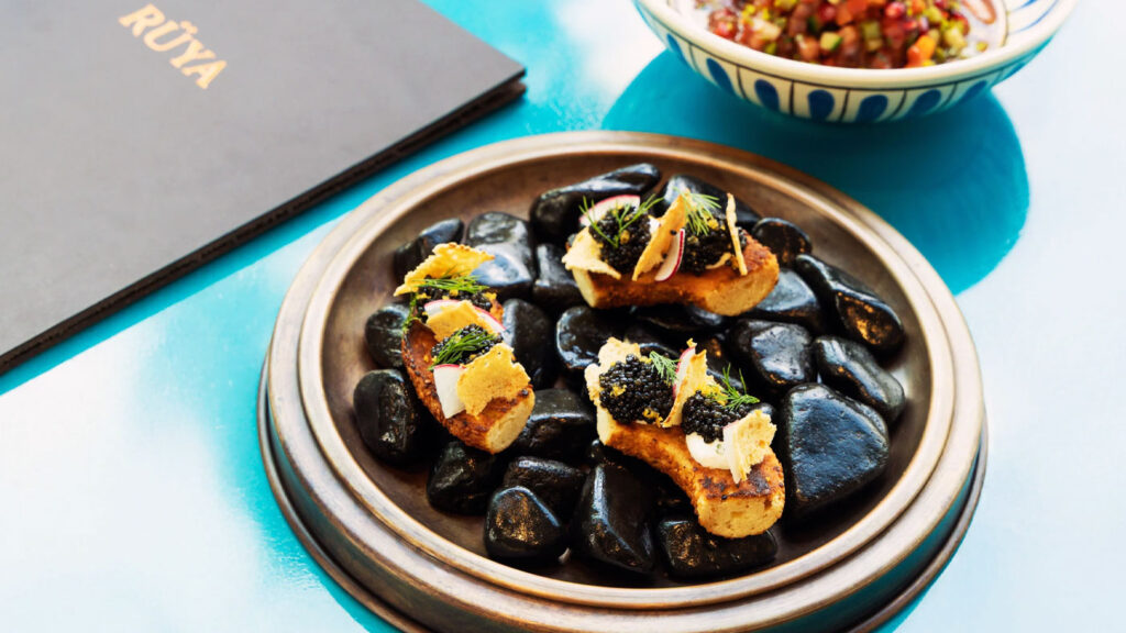 Ruya Istanbul signature dish crispy simit with caviar and labneh.