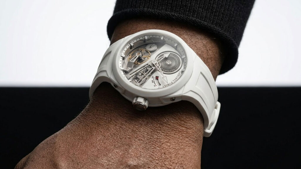 Greubel Forsey Balancier Convexe S2 Final Edition in black ceramic showing curved case geometry and ergonomic wrist profile.