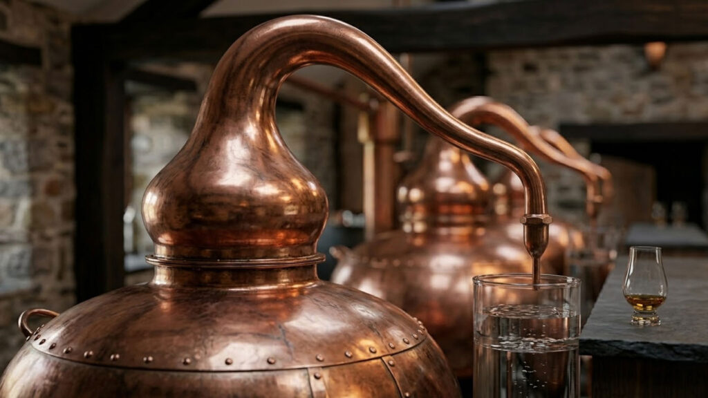 Traditional copper pot stills inside a historic Scotch whisky distillery with warm reflections and moody lighting.