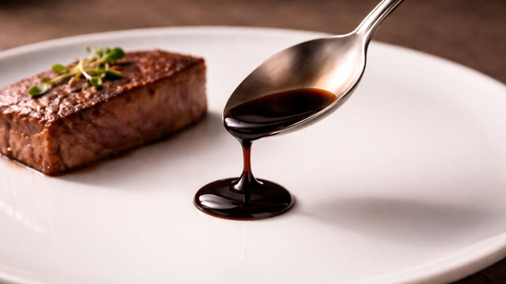 Chef placing a thick dark glaze next to seared meat on minimalist white plate.