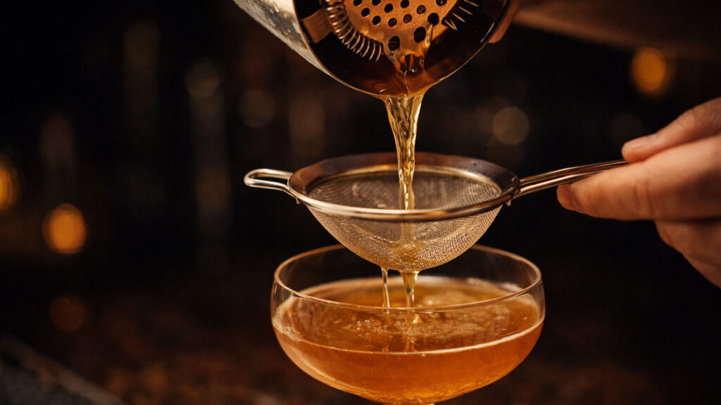 Double strain cocktail filtration technique using a fine mesh strainer.