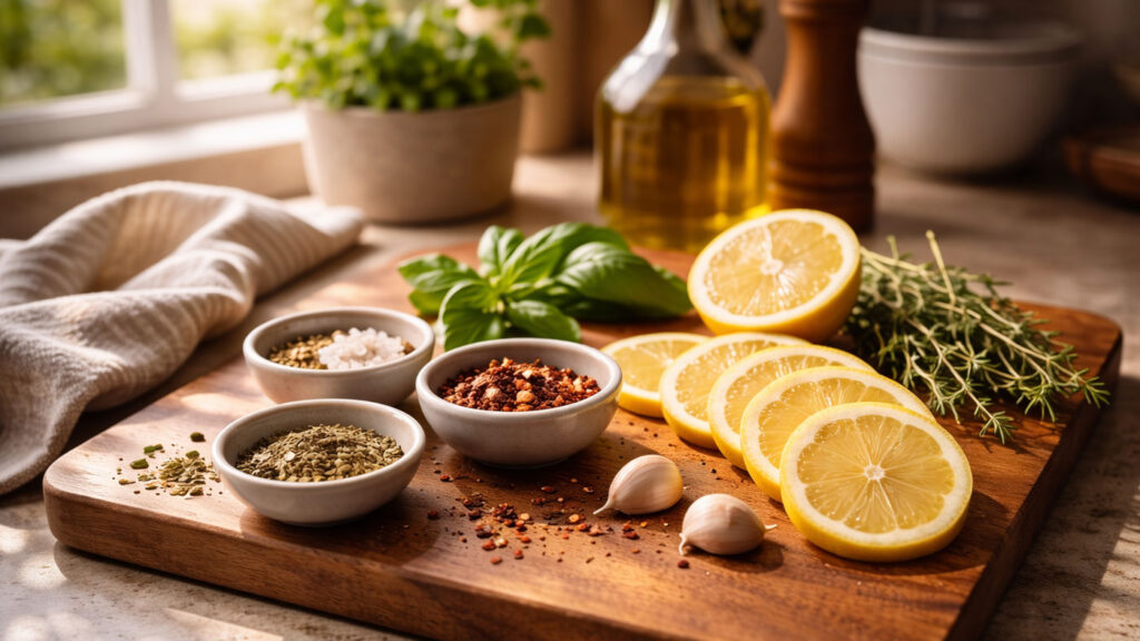 Home kitchen mise en place preparation on a wooden countertop with natural light.