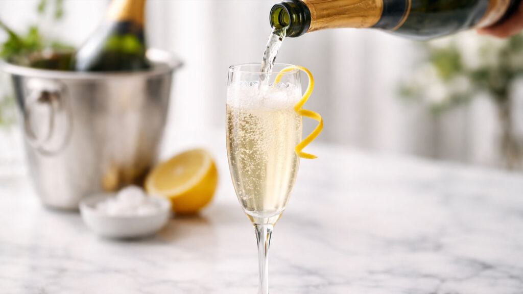 French 75 cocktail being topped with champagne