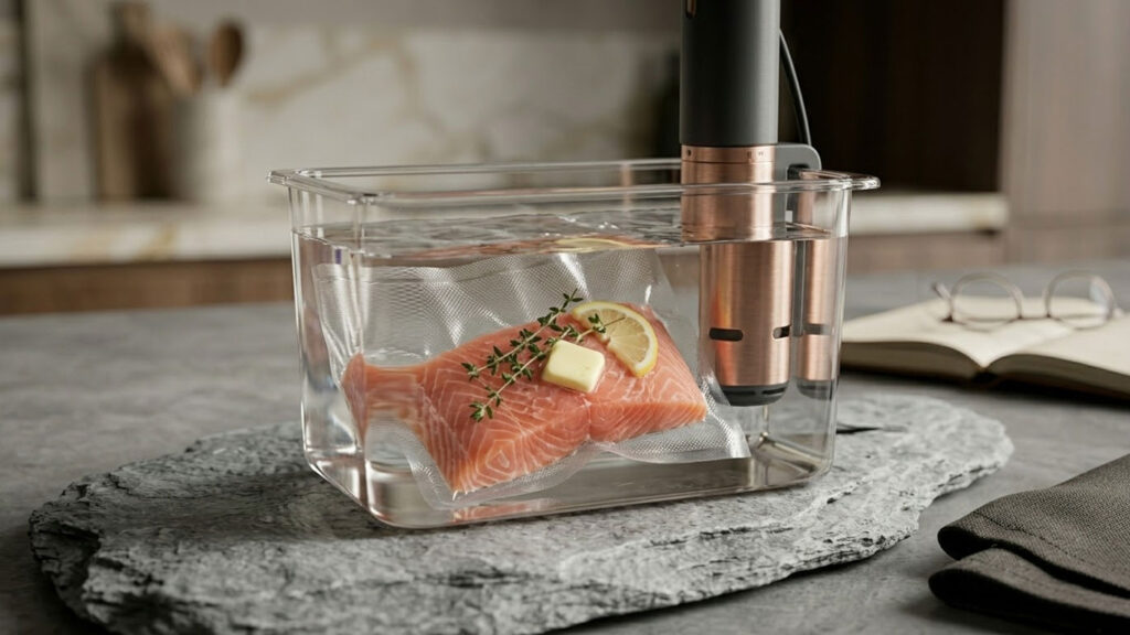 Minimalist ve şık bir mutfakta, dore detaylı şeffaf bir su banyosu içinde çalışan immersion circulator; taze kekik ve tereyağı ile vakumlanmış somon filetosunun hassas pişme süreci detayı.