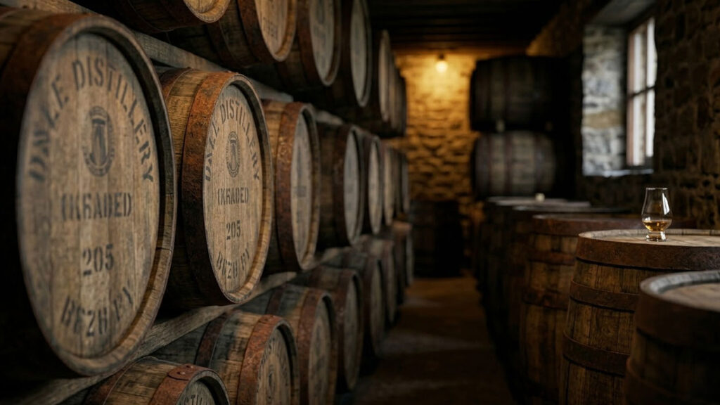 Rows of aging whisky barrels inside a historic Scotch distillery warehouse with warm low lighting and textured oak surfaces.