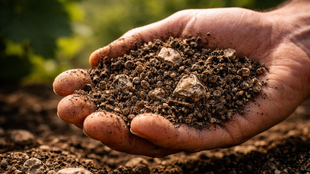 Detailed view of mineral-rich vineyard soil that influences wine structure.
