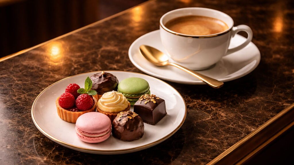 A refined coffee and petit four presentation symbolising the elegant ending of a gastronomic experience.