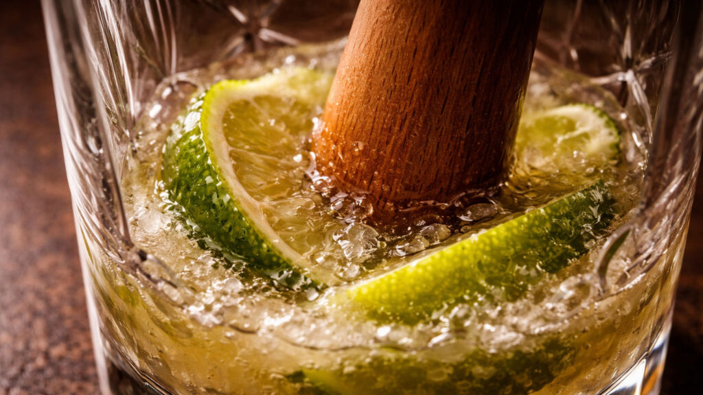 Close-up of citrus muddling with sugar in a mixing glass.