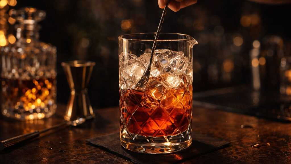 Manhattan cocktail preparation technique using stirring and a mixing glass.