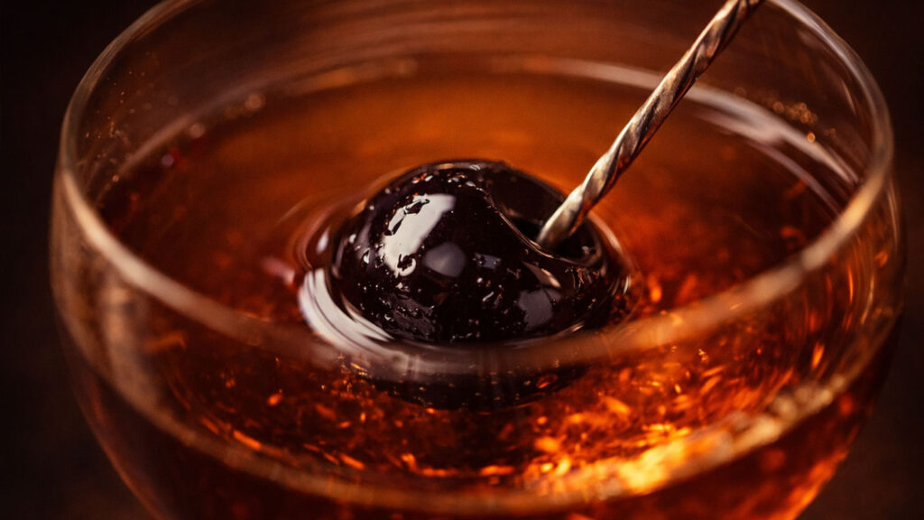 Luxardo cherry garnish used in a Manhattan cocktail.