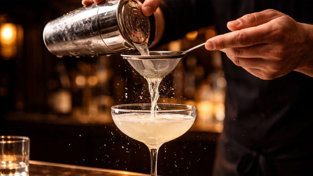 Margarita hazırlanırken uygulanan çift süzme (double strain) tekniği ile pürüzsüz doku elde edilmesi.