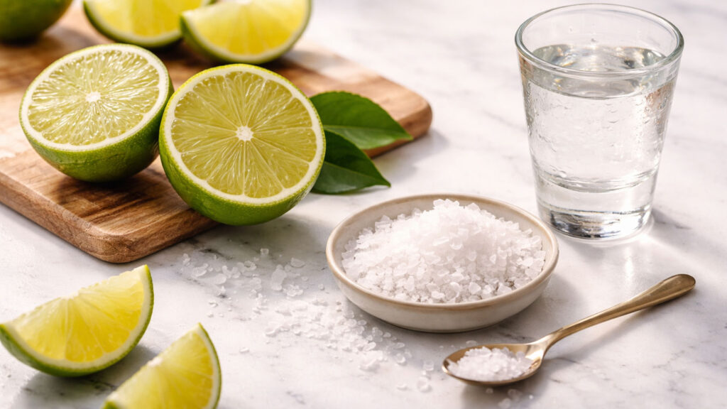 Margarita yapımında kullanılan taze lime, deniz tuzu ve premium malzemelerin sanatsal sunumu.