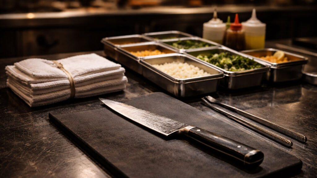 Chef station prepared for service with knives, tweezers and towels arranged precisely.