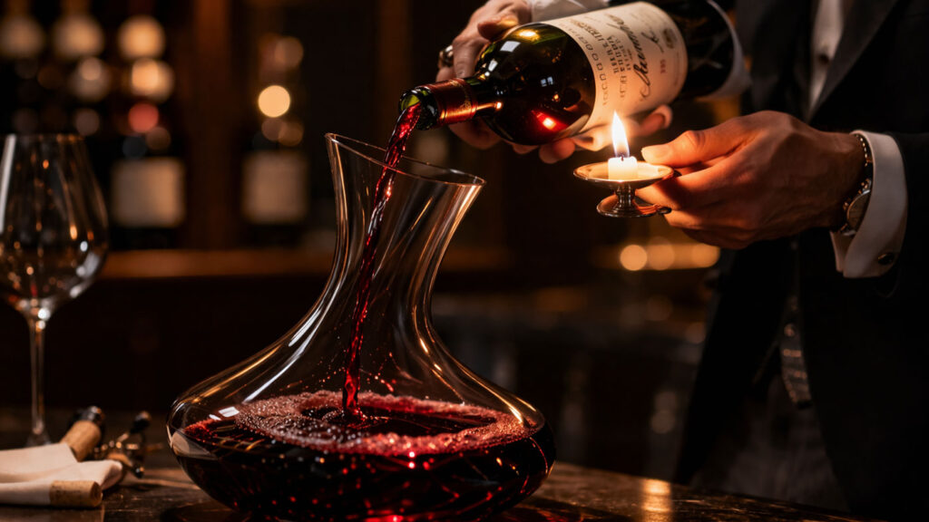 Traditional candle method used to separate sediment while decanting aged wine.