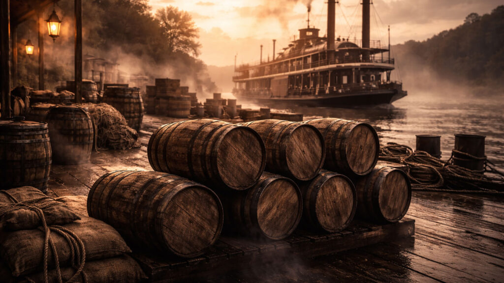 Wooden whiskey barrels waiting for shipment along the Ohio River in the 19th century.