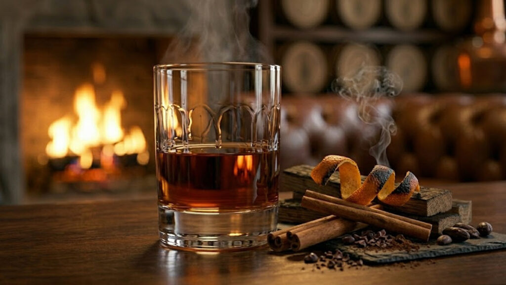 Macro shot of Old Forester High Angels’ Share Rye whiskey with cinnamon sticks, burnt orange peel, and cocoa powder.