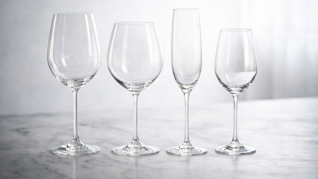 Different wine glass shapes for red wine, white wine and sparkling wine.